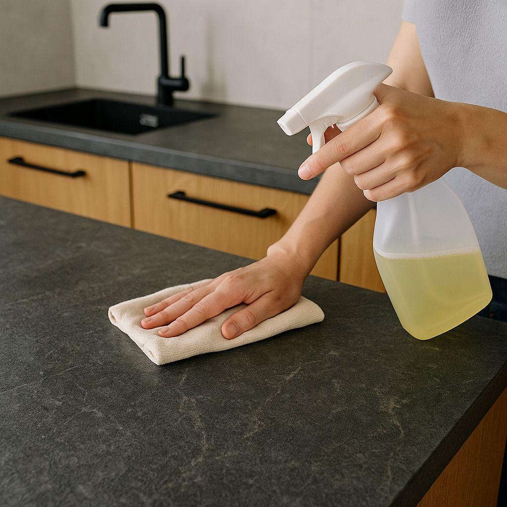 Hand reinigt eine dunkle Natursteinarbeitsplatte in moderner Küche mit Sprayflasche und Mikrofasertuch.