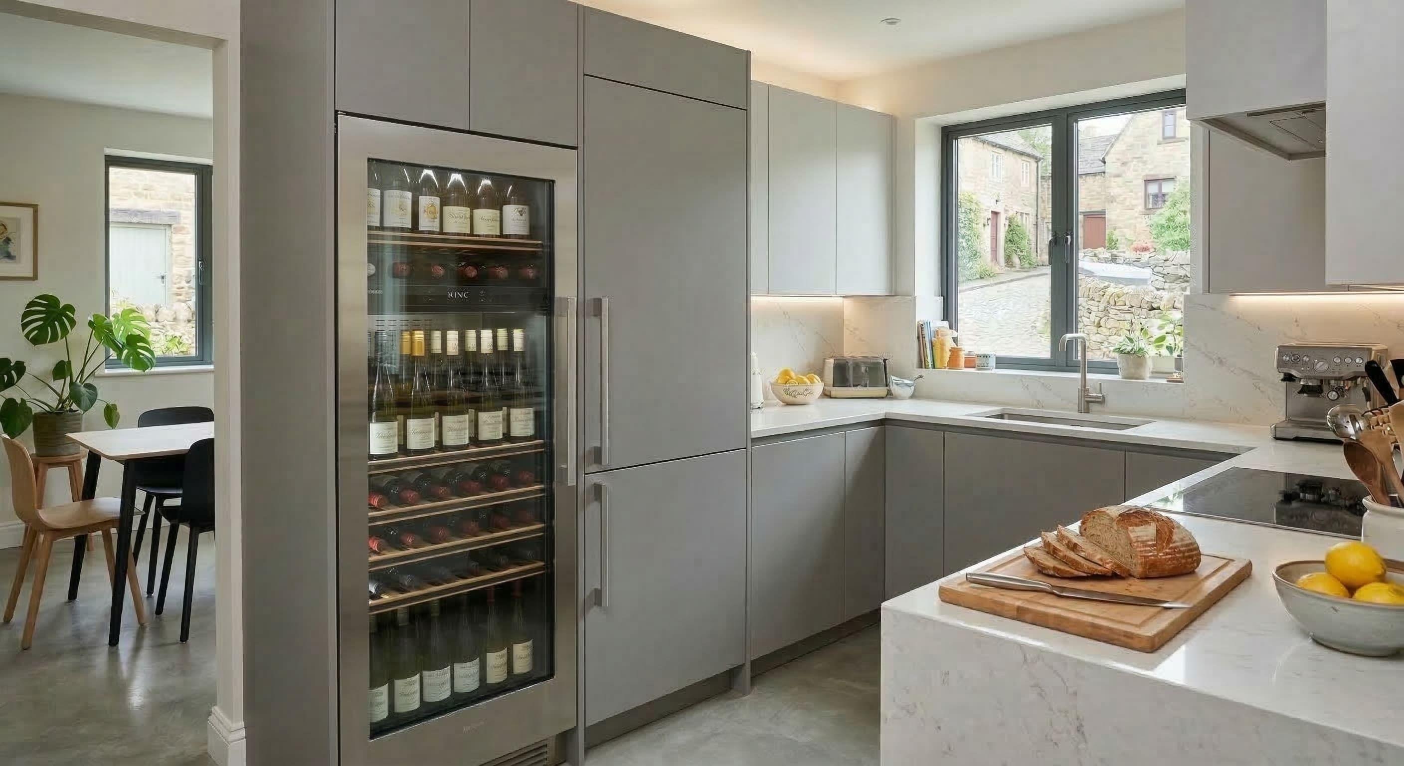 Moderner Küchenraum mit integriertem Weinkühlschrank in grauer Küchenzeile neben Fenster und Arbeitsfläche mit Schneidebrett und Brot.