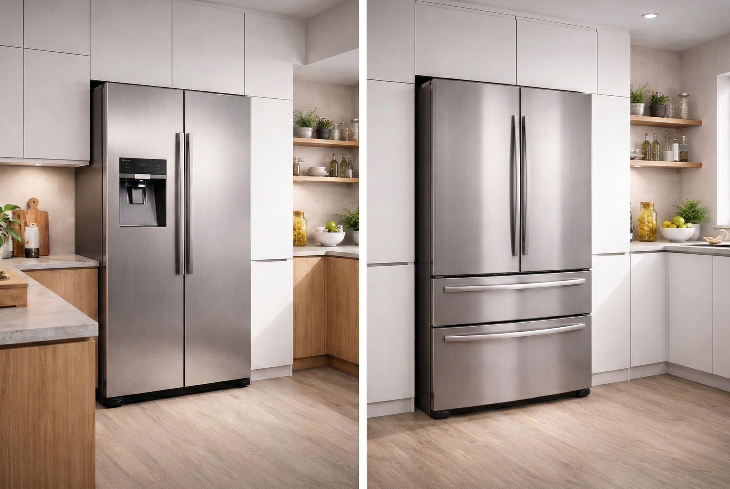 Side-by-Side-Kühlschrank mit Wasserspender neben French-Door-Kühlschrank mit Gefrierschubladen in moderner Küche.