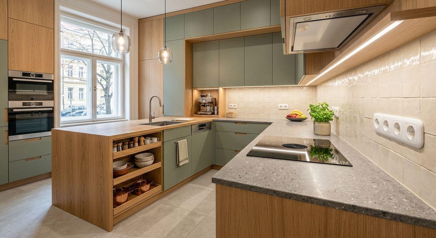 Maßangefertigte moderne Küche in Pastellfarben mit Holzarbeitsflächen, integriertem Backofen, Kochfeld und offenen Regalen unter der Arbeitsfläche.